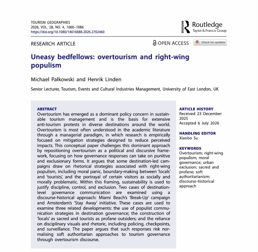 First page of the article Uneasy bedfellows: overtourism and right-wing populism